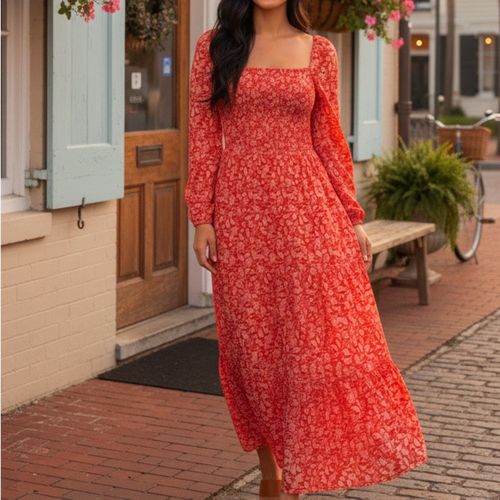 Anthropologie Dolan Stratton Smocked Floral Long Sleeve Midi Dress Size Medium